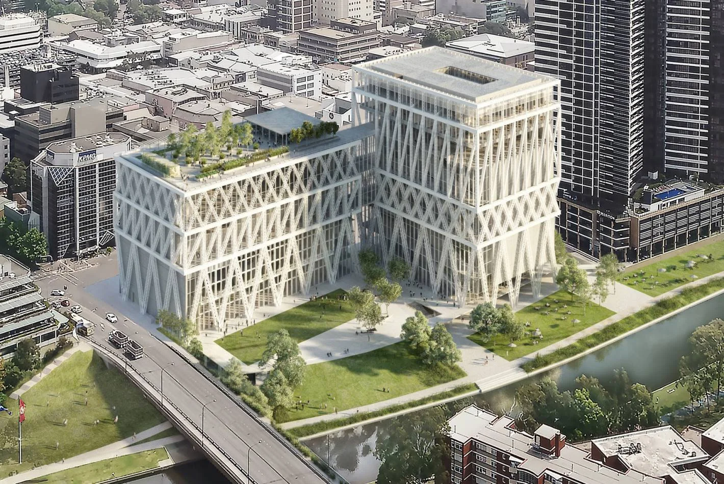 A modern architectural complex with two interconnected towers featuring a white lattice-like exterior design, surrounded by green spaces, trees, and a waterway in an urban cityscape.