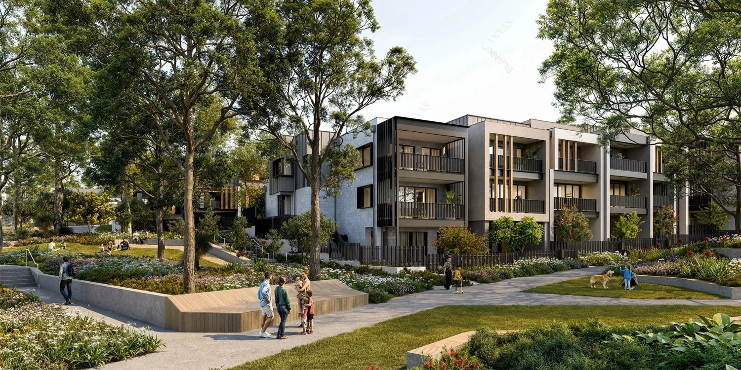 Modern multi-story residential building surrounded by lush greenery, trees, and flower beds with walking paths, benches, and people walking and sitting outside.