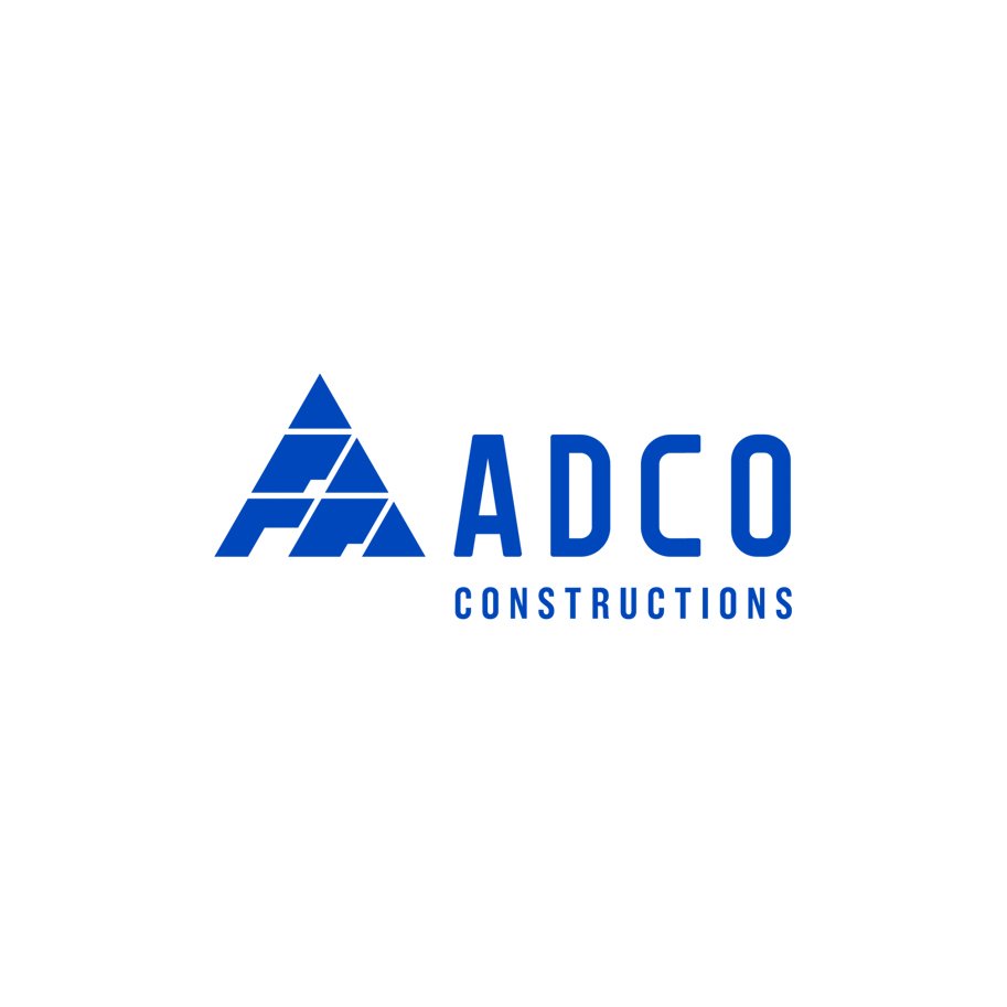 Logo of ADCO Constructions in blue with a geometric design to the left of the text.