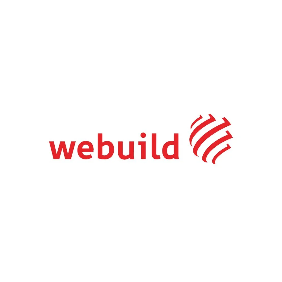 Logo of Webuild with red lowercase text and a red abstract globe design on a white background.