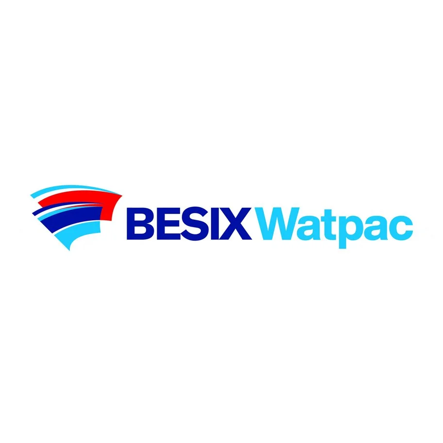 Logo with the text 'BESIX Watpac' and a stylized graphic with red, dark blue, and light blue curved lines.