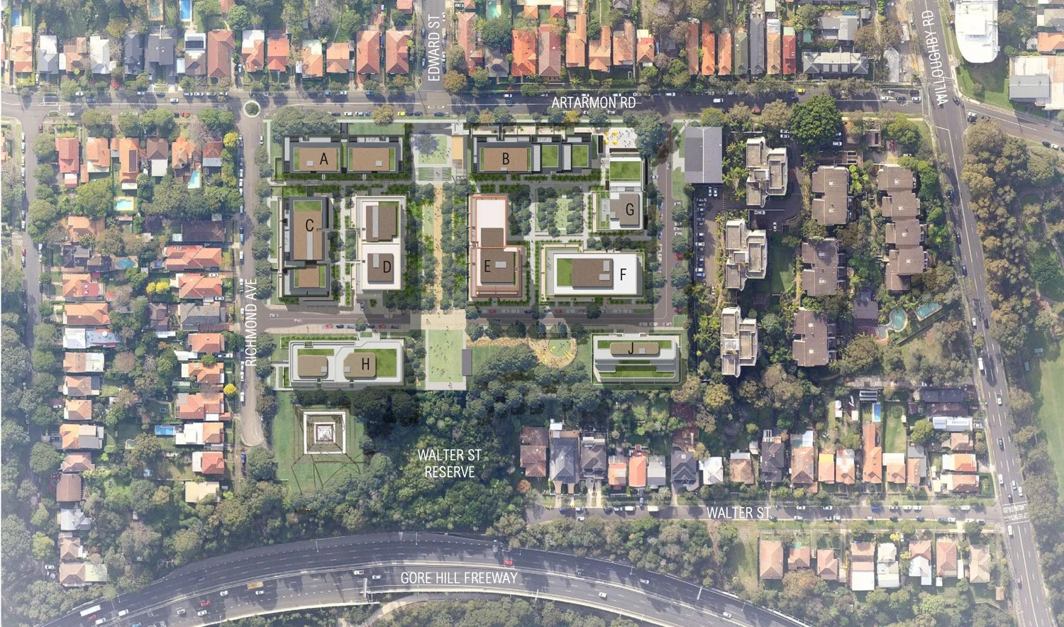 Aerial view of a residential complex with buildings labeled A to J, surrounded by streets, trees, and neighboring houses. Streets include Artarmon Road, Richmond Avenue, Walter Street, and Gore Hill Freeway.