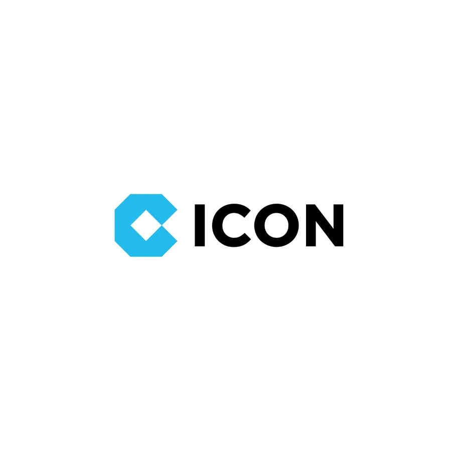 Logo with a blue octagon and the word 'ICON' in black next to it.