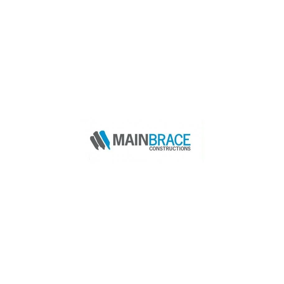 Logo for Main Brace Constructions with stylized black and blue braces to the left of the text.