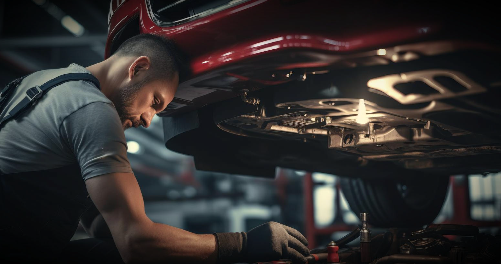 A mechanic working underneath a red car in a garage, inspecting or repairing the vehicle.