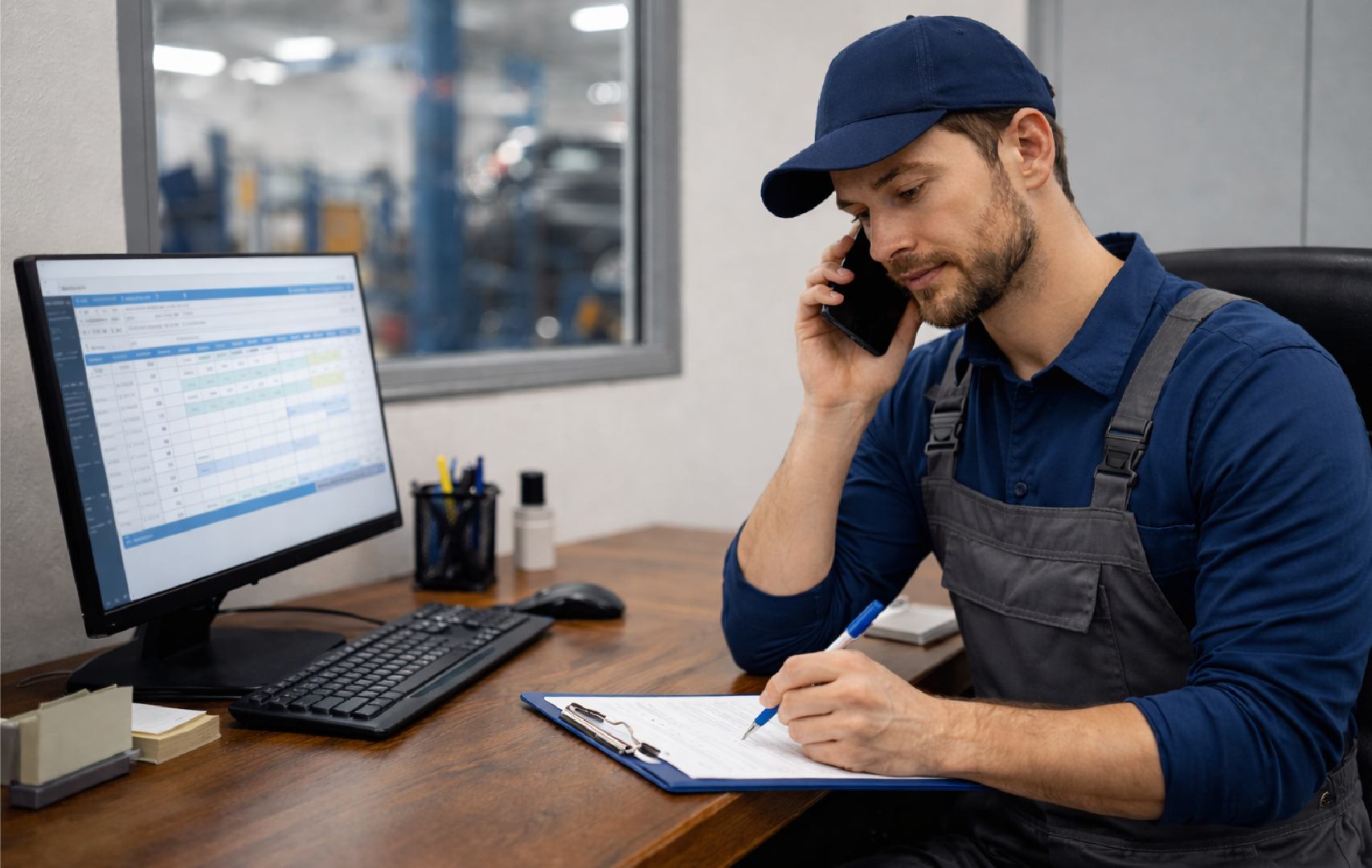 A man in a blue uniform and cap sitting at a desk, talking on the phone, writing on a clipboard, with a computer and office supplies on the desk, in a warehouse or industrial setting.