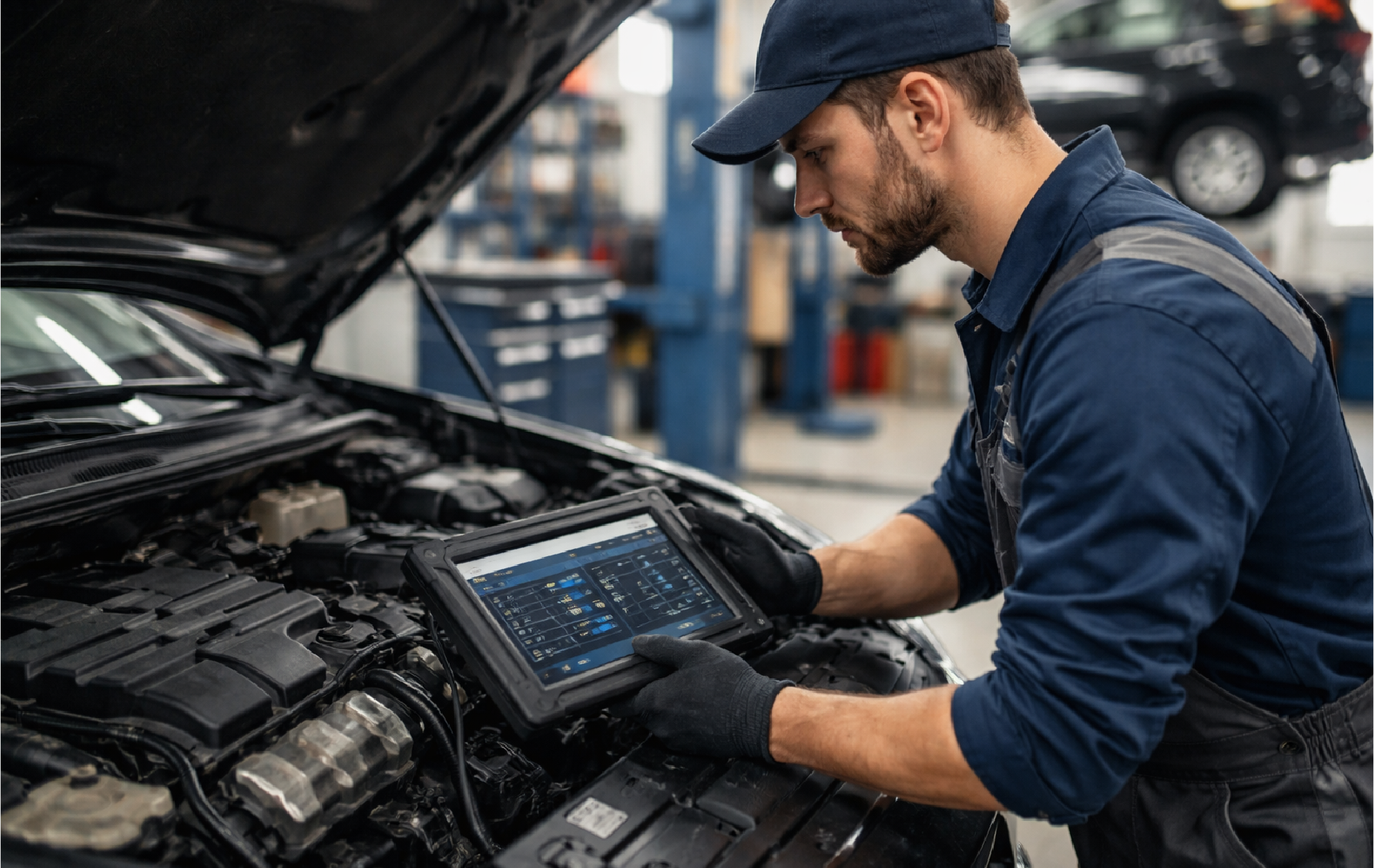 A mechanic inspecting a car engine with a diagnostic scanner in an auto repair shop.