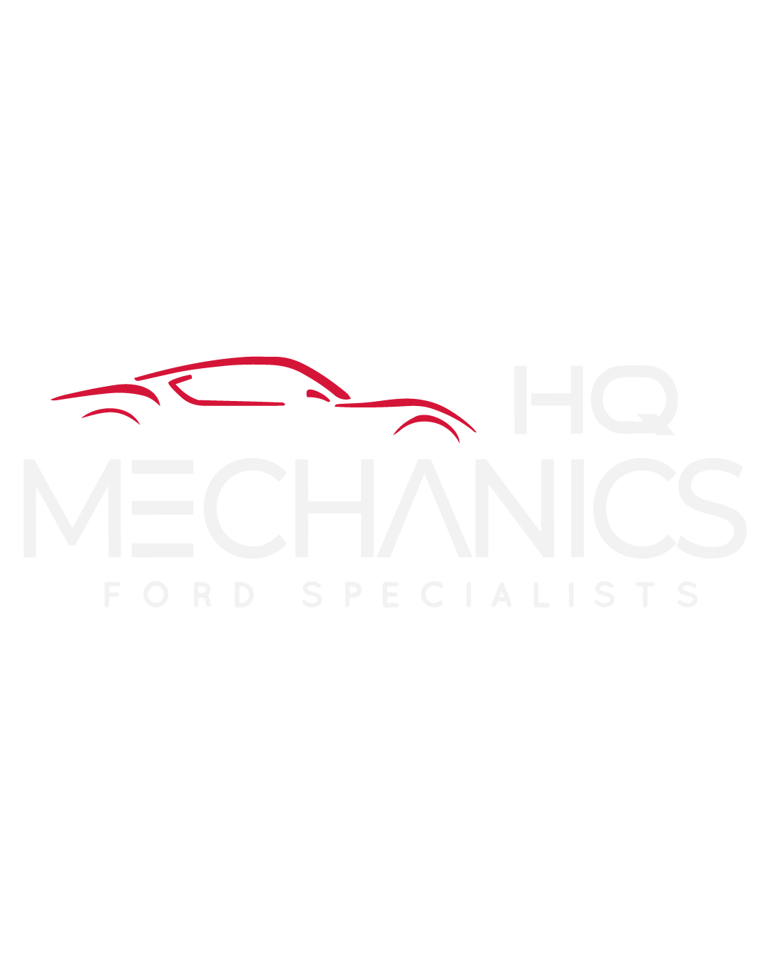 Logo for HQ Mechanics Ford Specialists featuring a red outline of a sports car and the company name in white text on a black background.