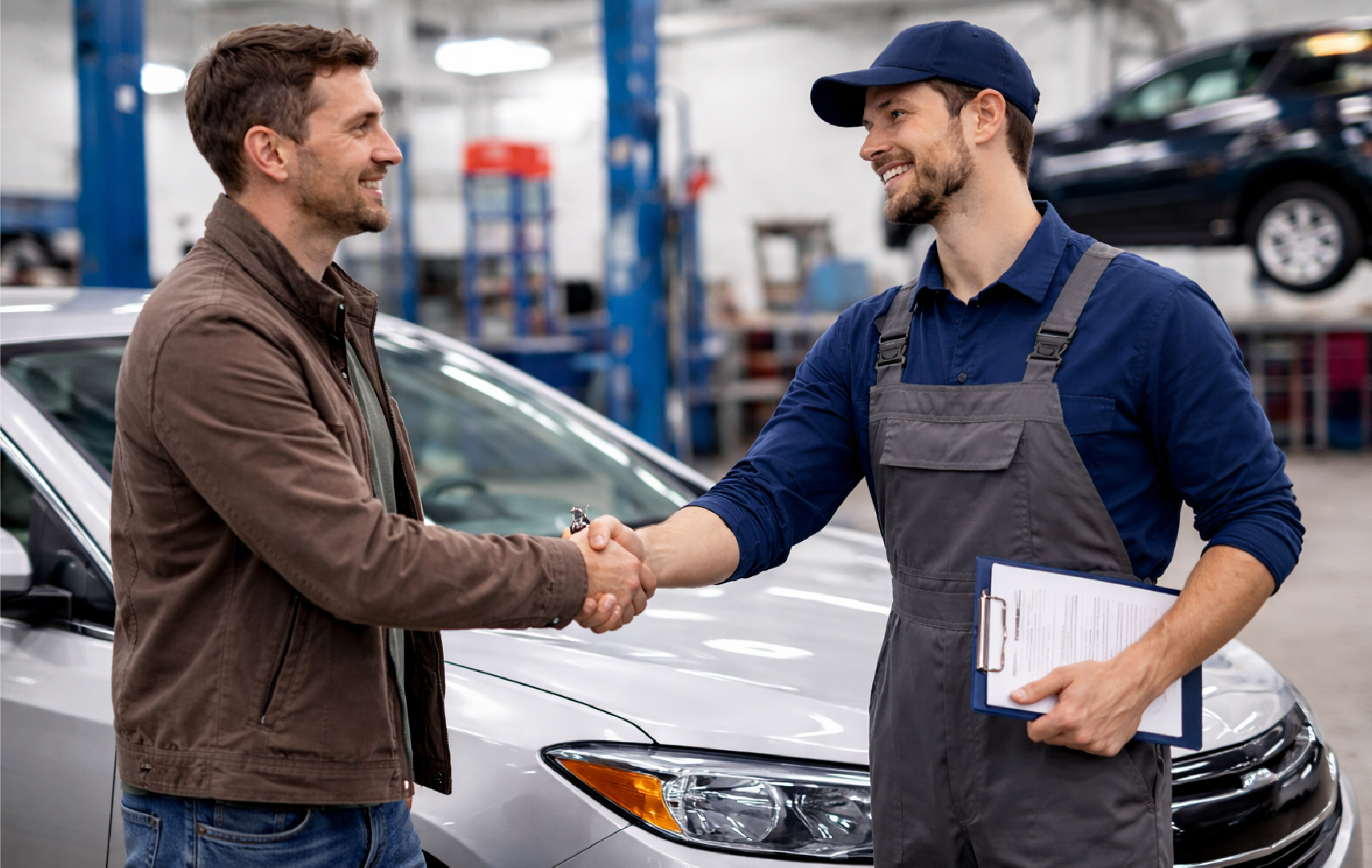 A car mechanic and a customer shaking hands in an auto repair shop. The mechanic holds a clipboard and is dressed in gray coveralls and a navy cap. The customer wears a brown jacket and blue jeans. A silver car and car lift are visible in the background.