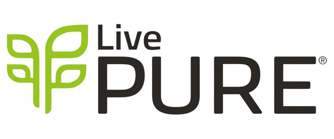 Logo with a green plant icon and the words 'Live PURE' in black text.