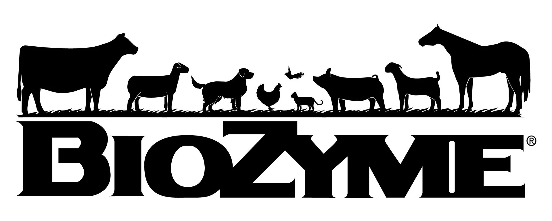 Black and white silhouette of farm animals including cows, goats, chickens, and a pig above the text 'BIOZYM'