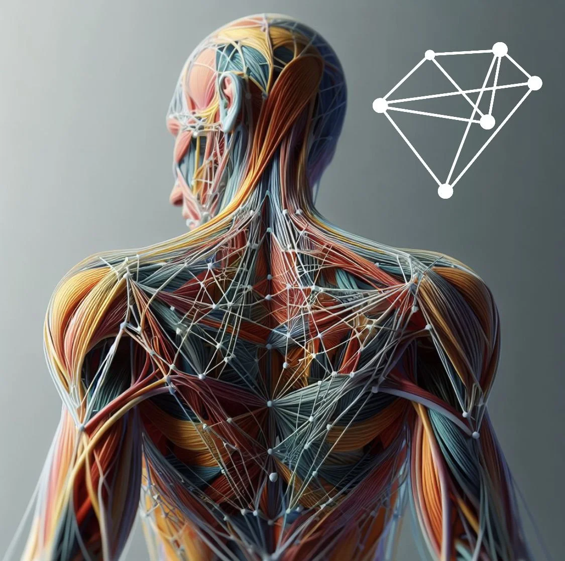 An illustration of the human muscular system with muscles and tendons, showing the back and side views, with a network diagram floating nearby.