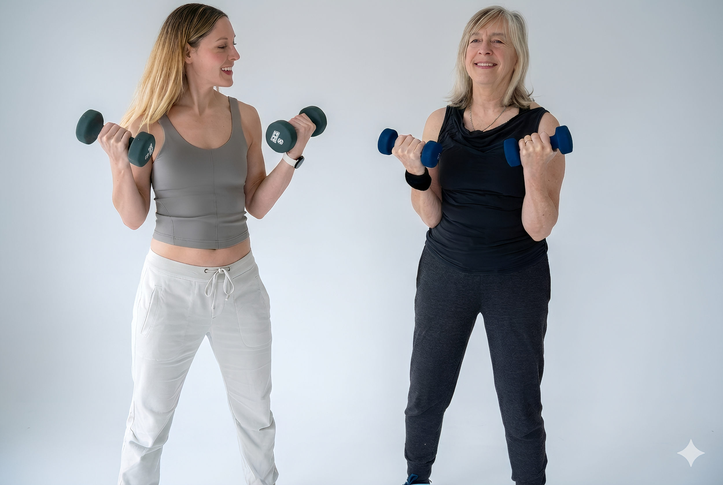 Two women engaging in weightlifting exercises, holding dumbbells, smiling, in workout attire, standing against a plain background.