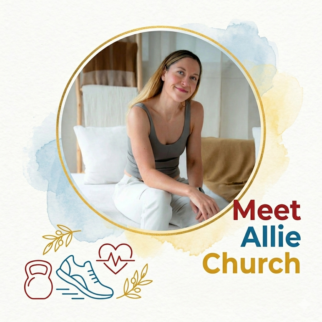 A woman named Allie Church smiling, sitting on a bed in a cozy room with neutral tones. The image features decorative icons of a kettlebell, running shoe, heart with heartbeat line, and leaves, along with text that reads "Meet Allie Church".