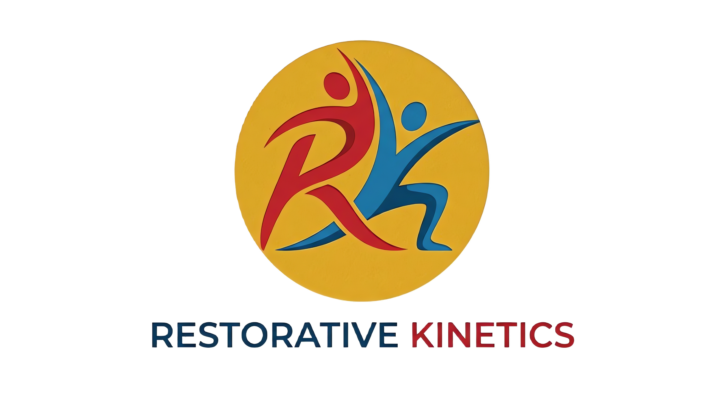 Logo with two abstract human figures, one red and one blue, reaching towards each other inside a yellow circle. Below the logo, the text reads "Restorative Kinetics."