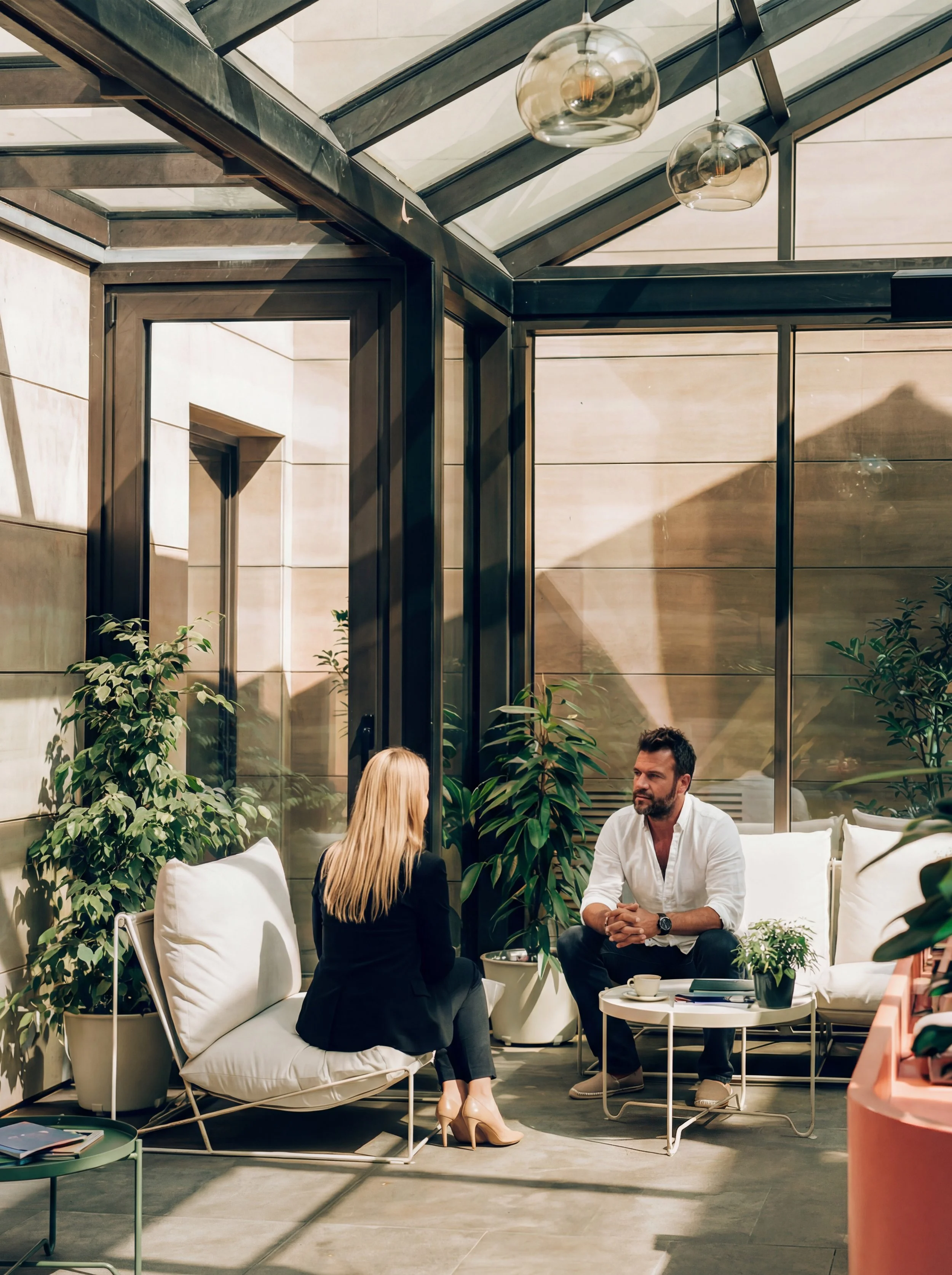 Deux personnes, un homme et une femme, discutent dans un espace de conversation intérieur avec des plantes vertes, des meubles modernes, et de grandes fenêtres en verre.