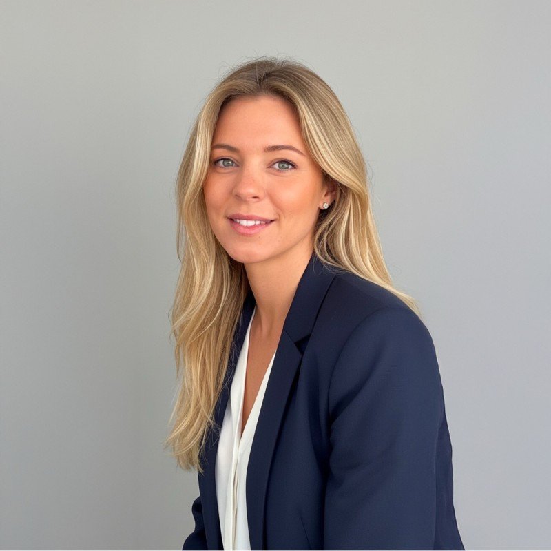 Une jeune femme avec des cheveux longs blonds, portant un tailleur bleu marine et une blouse blanche, sourit devant un fond gris clair.