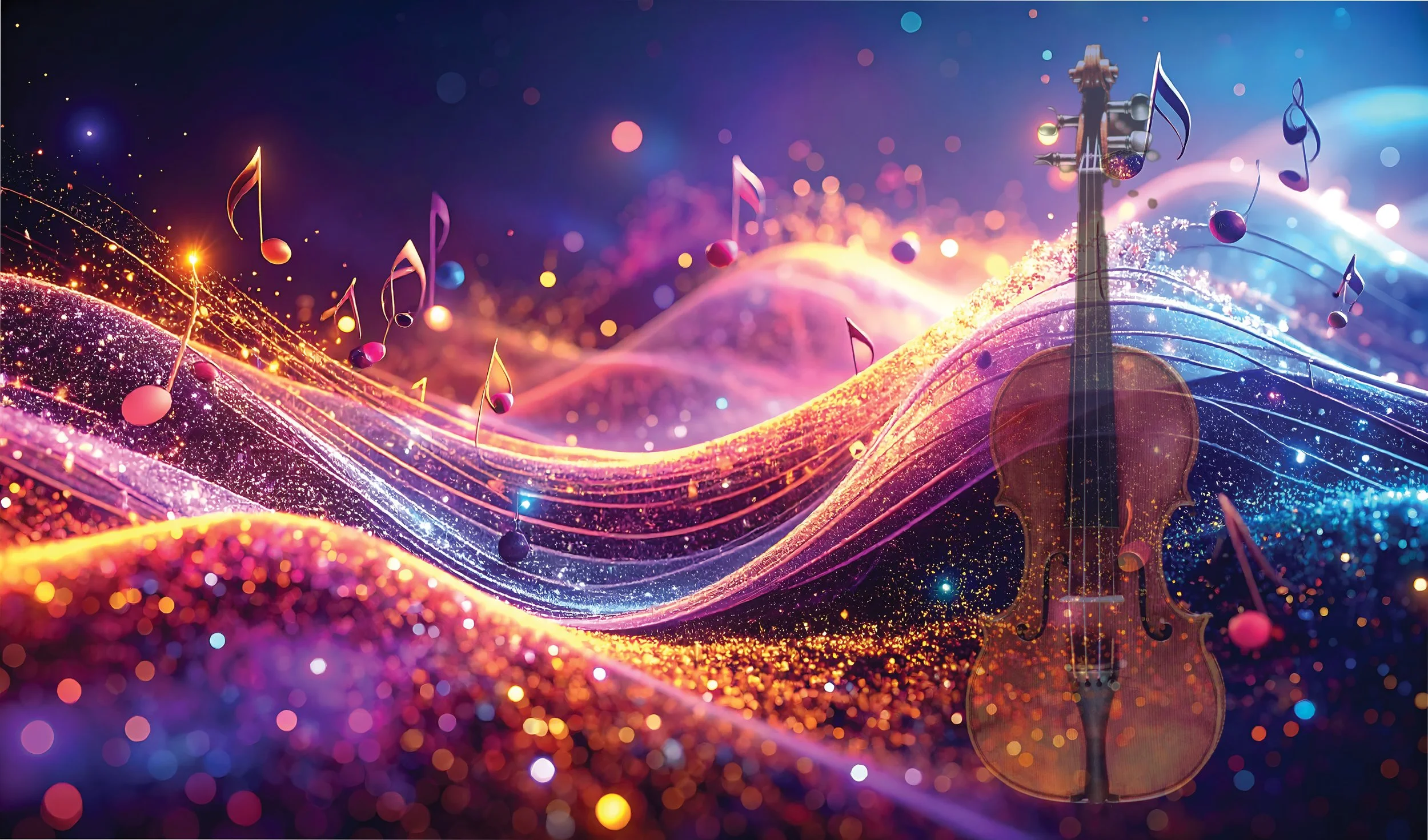 Abstract digital art of a violin with musical notes floating and colorful waves of light and sparkles.