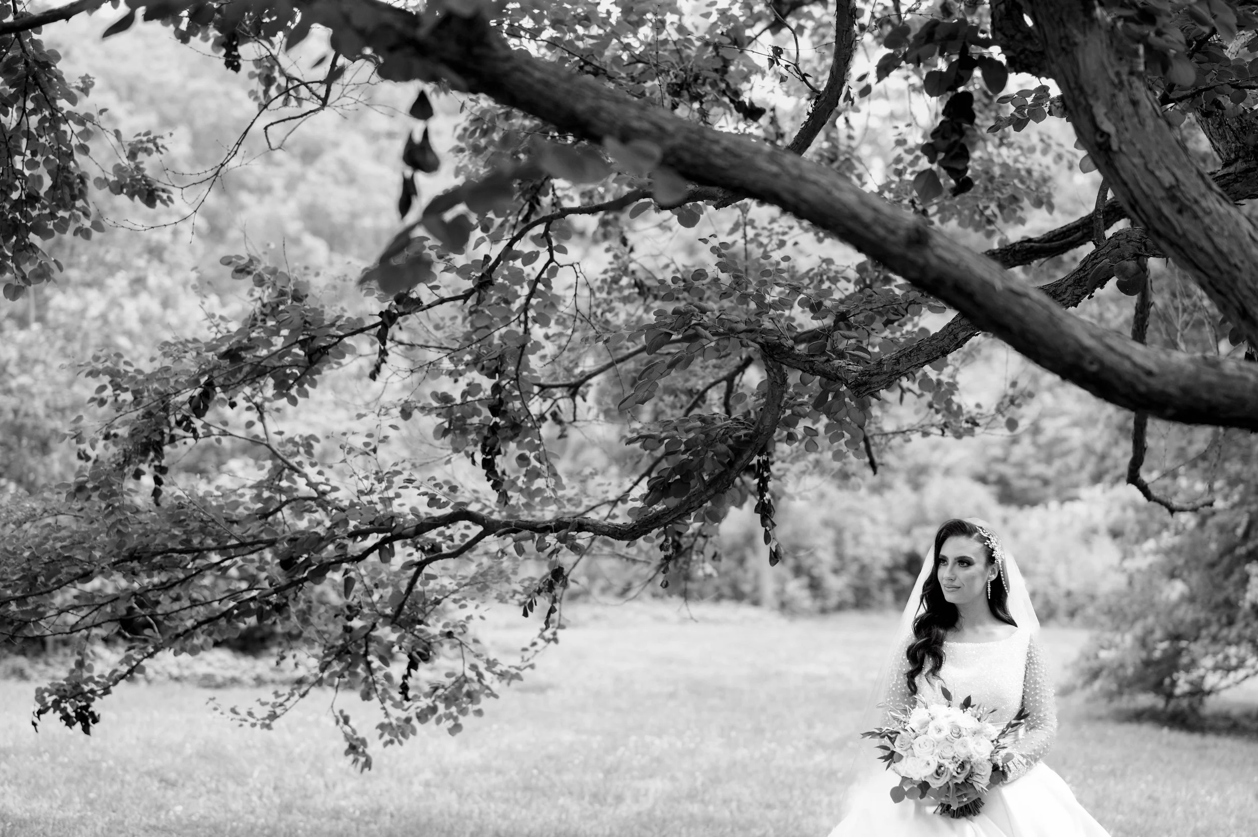 A bride in a wedding dress holding a bouquet of flowers outdoors under a large tree in a park or garden.