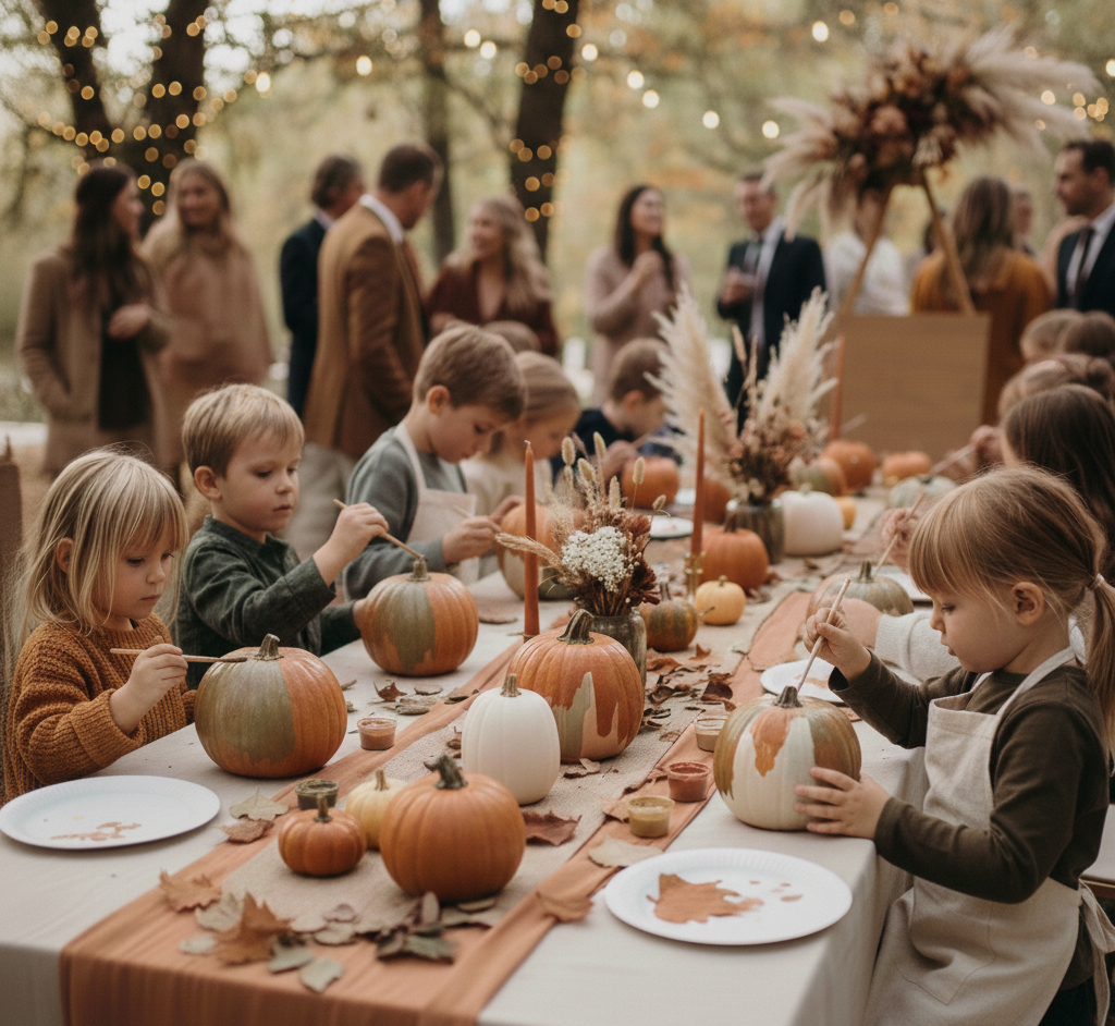 Children painting pumpkins at an outdoor autumn celebration with fall decorations and string lights in the background.