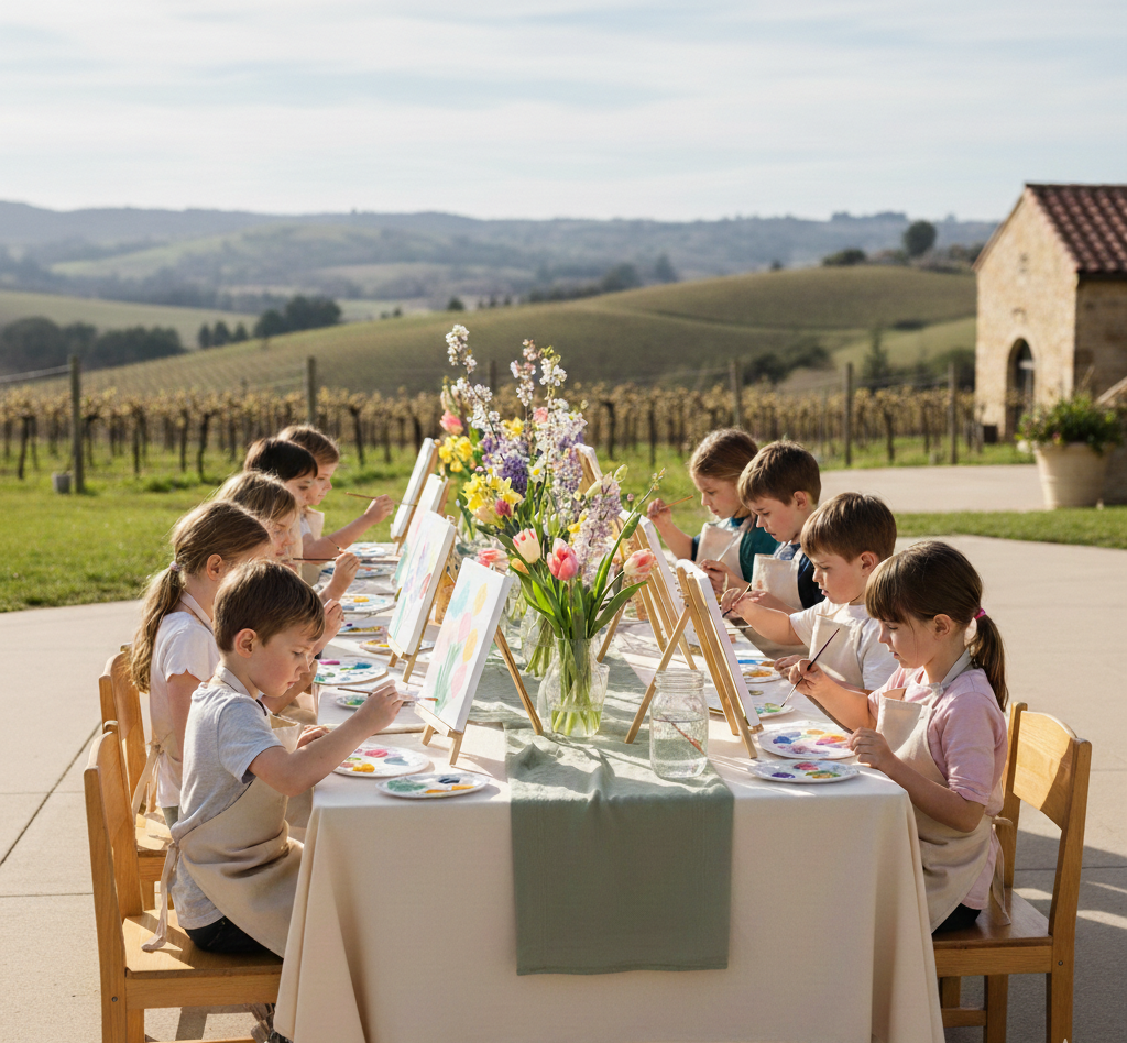 Children painting on a long outdoor table with floral decorations in a vineyard setting.