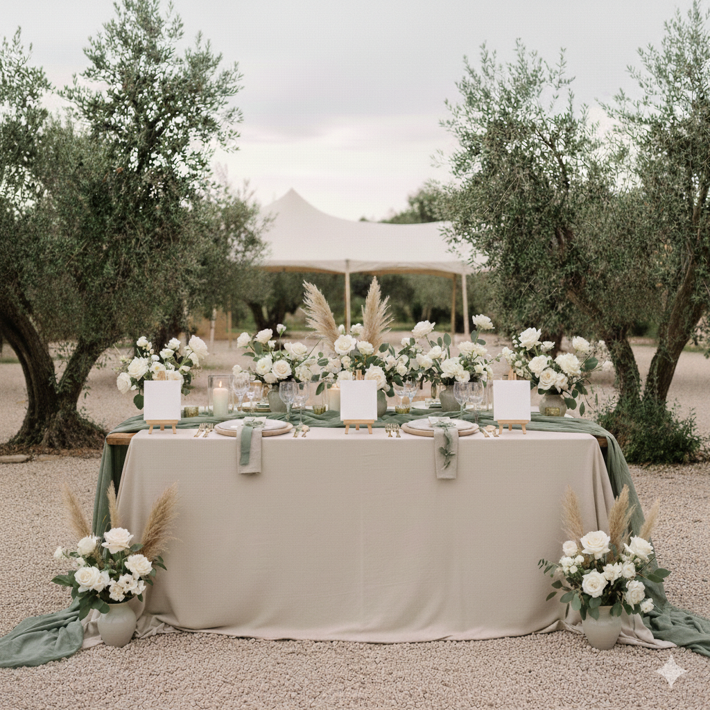 Elegant outdoor table setting with white flowers and pampas grass, surrounded by trees and a canopy in the background.