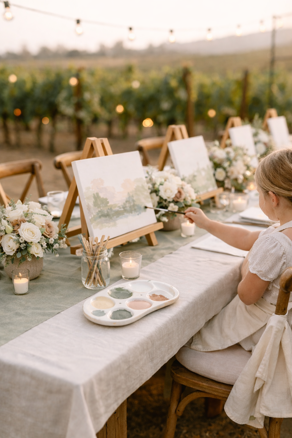 A girl painting a landscape on a canvas at an outdoor event table decorated with flowers and candles, in a vineyard setting during sunset.