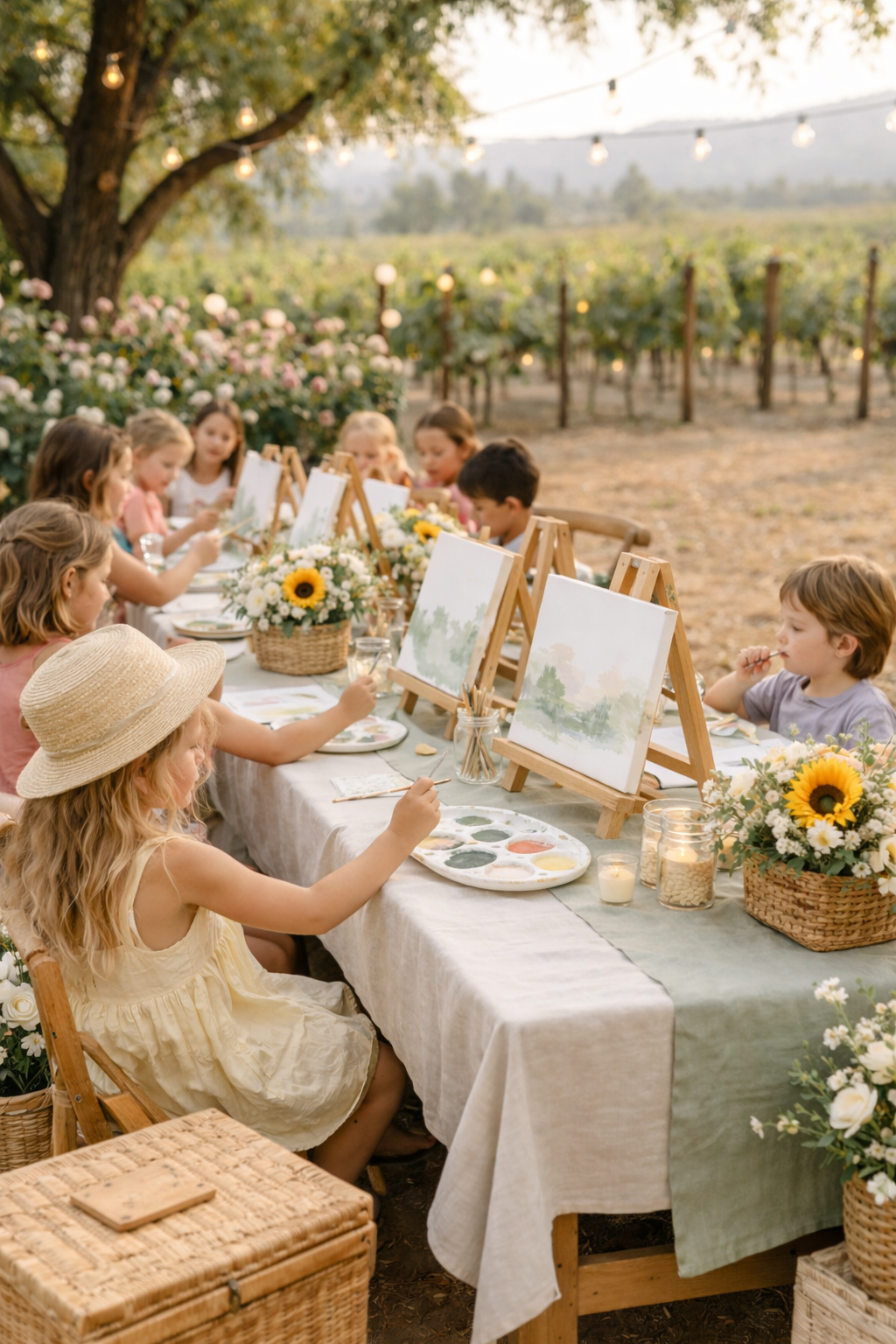 Children painting at an outdoor art party in a vineyard with string lights and flower arrangements.