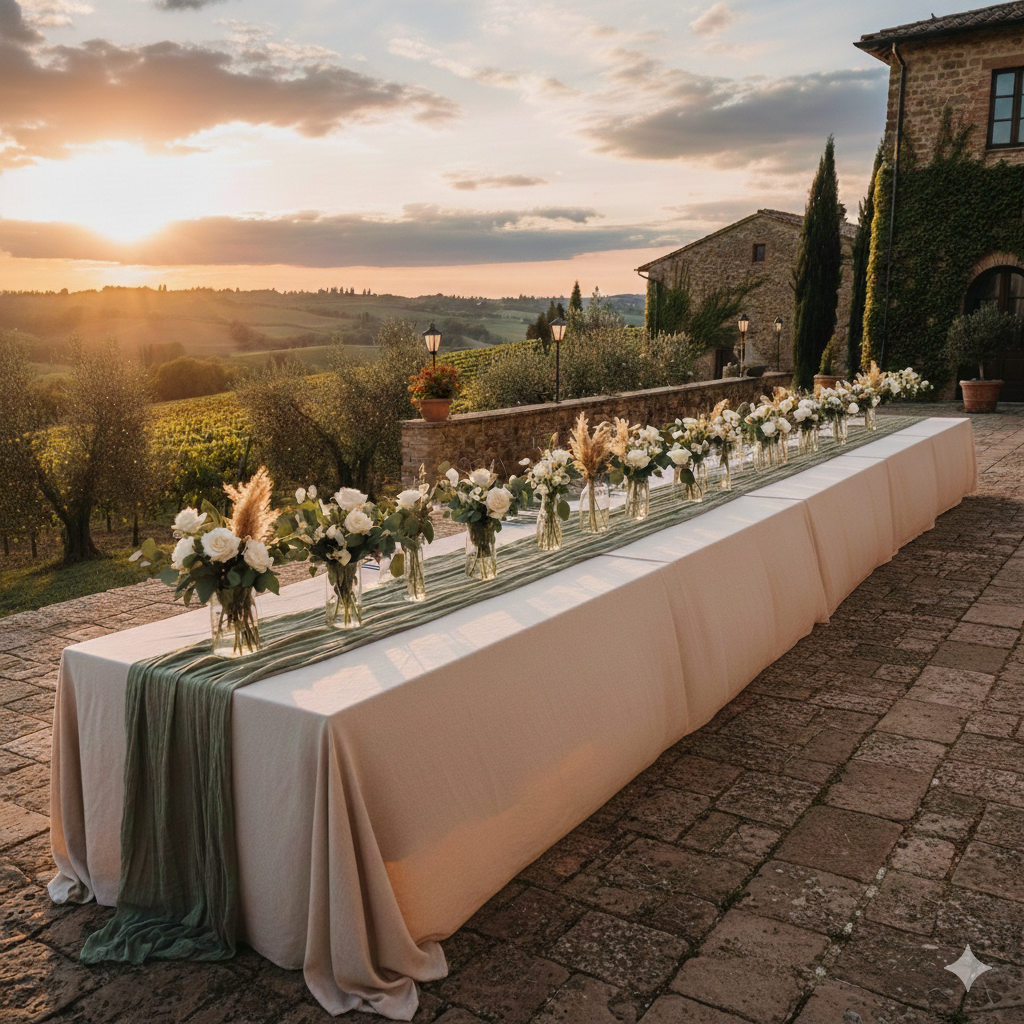 Long banquet table decorated with white and green floral arrangements, set outdoors during sunset with a scenic landscape, stone buildings, and tall cypress trees in the background.
