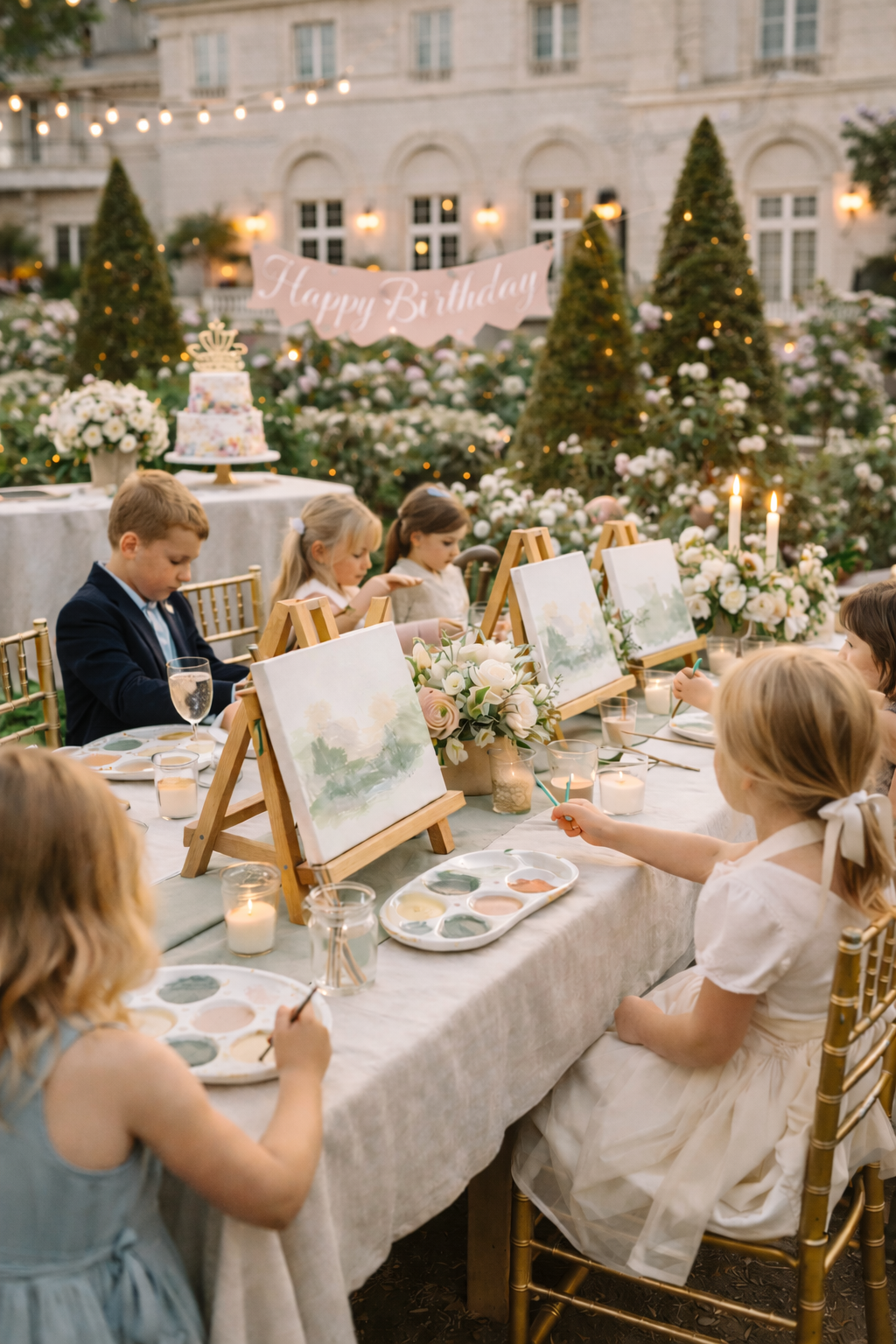 Children at a birthday party painting on canvases at a long table decorated with flowers and candles outdoors, with a backdrop of trees and a building, and a "Happy Birthday" sign