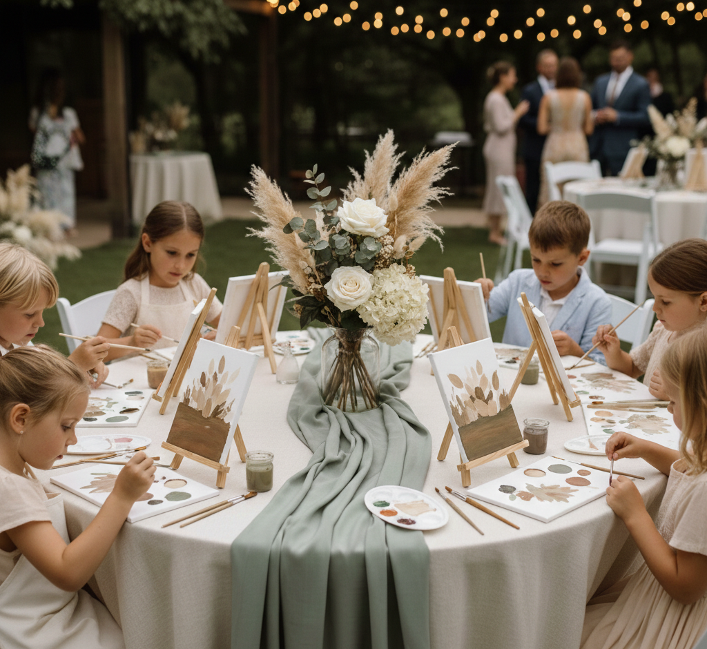 Children painting at a round table with floral decor during an outdoor event at dusk