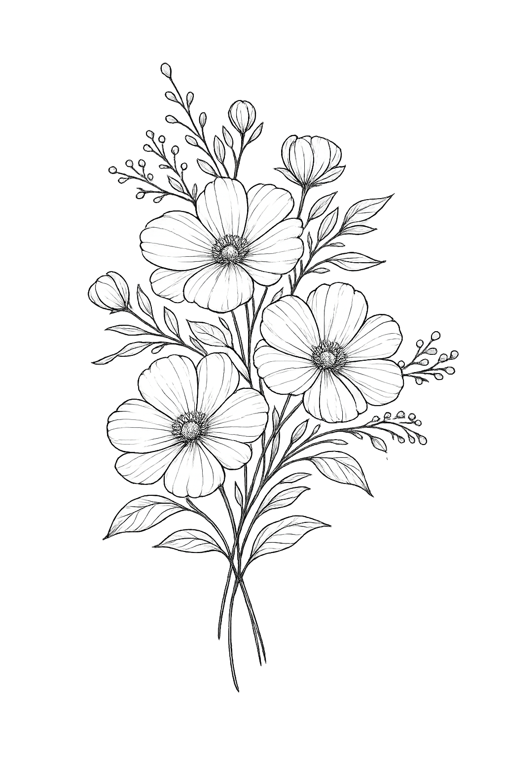 Black and white illustration of a bouquet of flowers with detailed petals, leaves, and smaller sprigs on a black background.