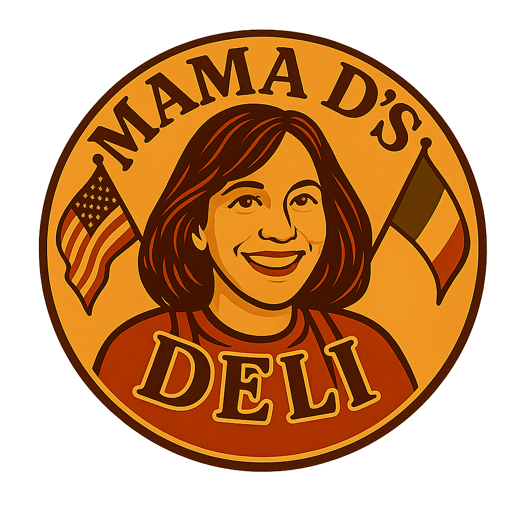 Illustration of a woman smiling with two flags, one American and one Italian, behind her, with text "Mama D's Deli" around the circle.