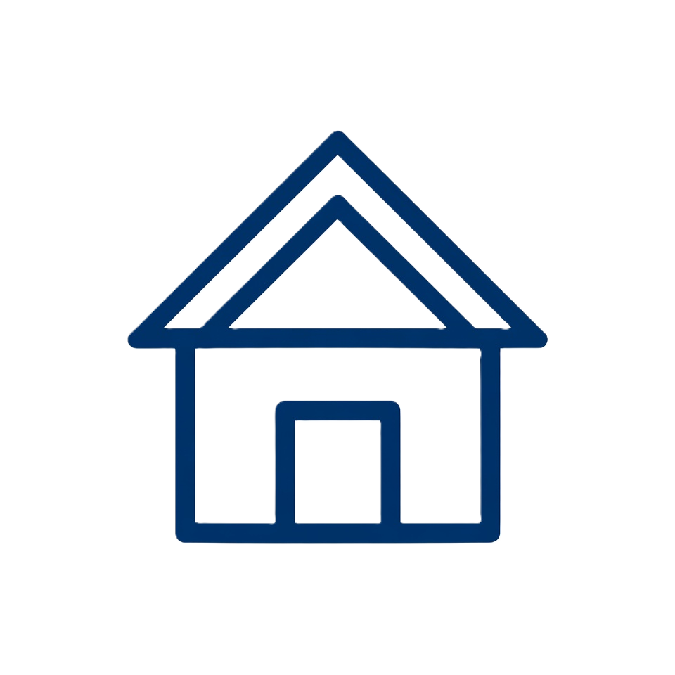 A simple outline drawing of a house with a triangular roof and rectangular base, featuring a door in the center.