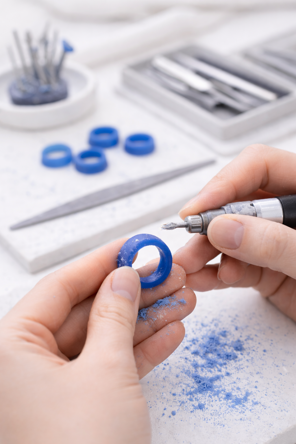 Person carving a blue rubber ring with a rotary tool at a workbench, surrounded by tools and blue rubber rings.