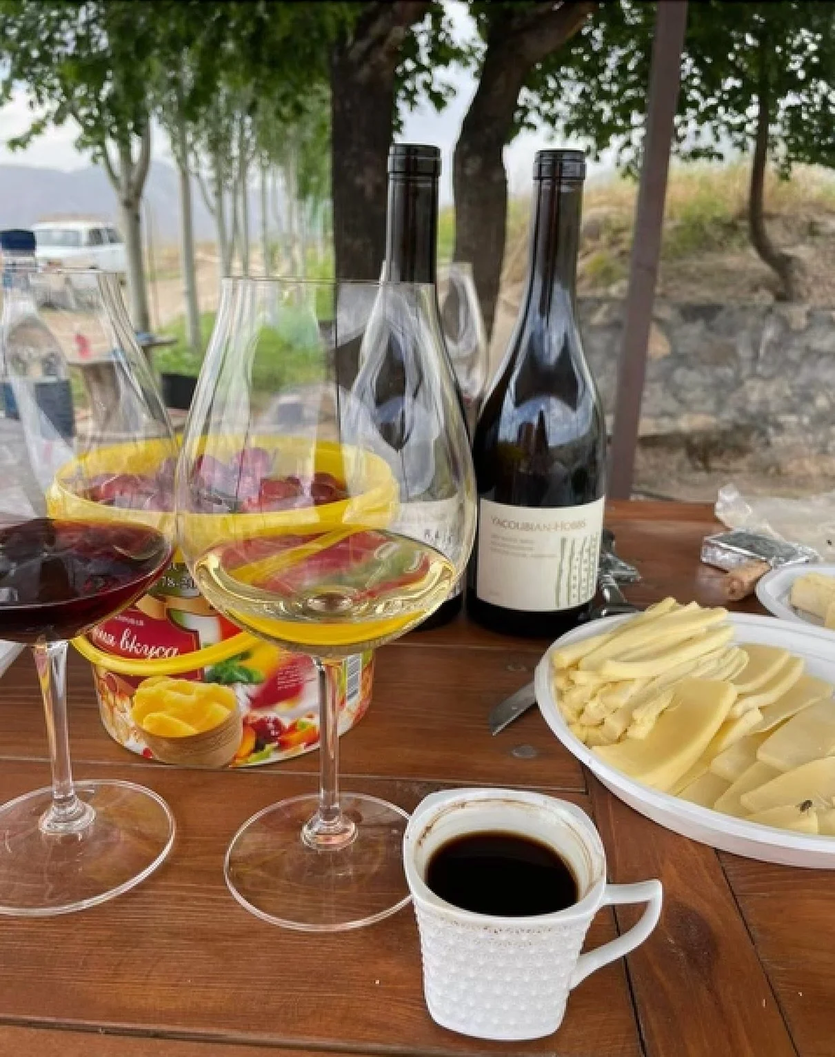 A perfect Armenian picnic after an afternoon in the vineyard: espresso shots, Lori cheese and lavash, and Yacoubian-Hobbs in the glass.