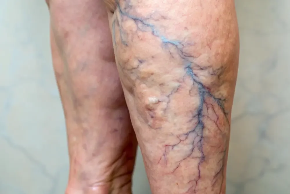 Close-up of severe, twisted, and bulging varicose veins with significant surface discoloration on a patient's lower limb 