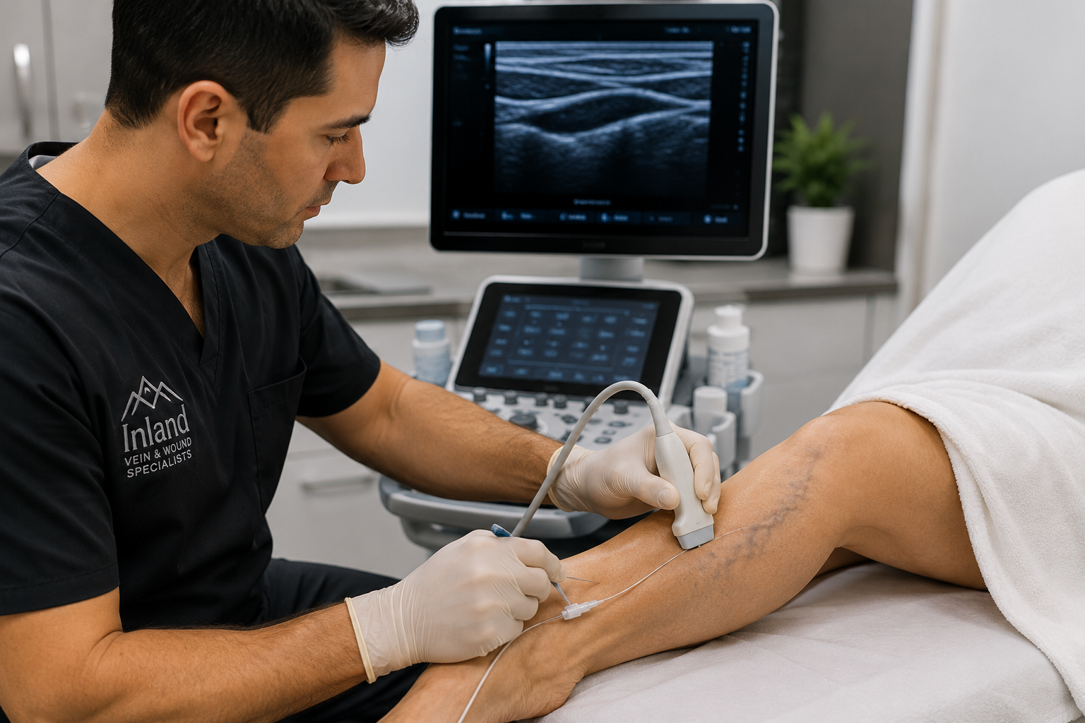 A healthcare professional in black scrubs with 'Inland Vein & Wound Specialists' on the chest performs an ultrasound procedure on a patient's leg, with a monitor showing an ultrasound image in the background.