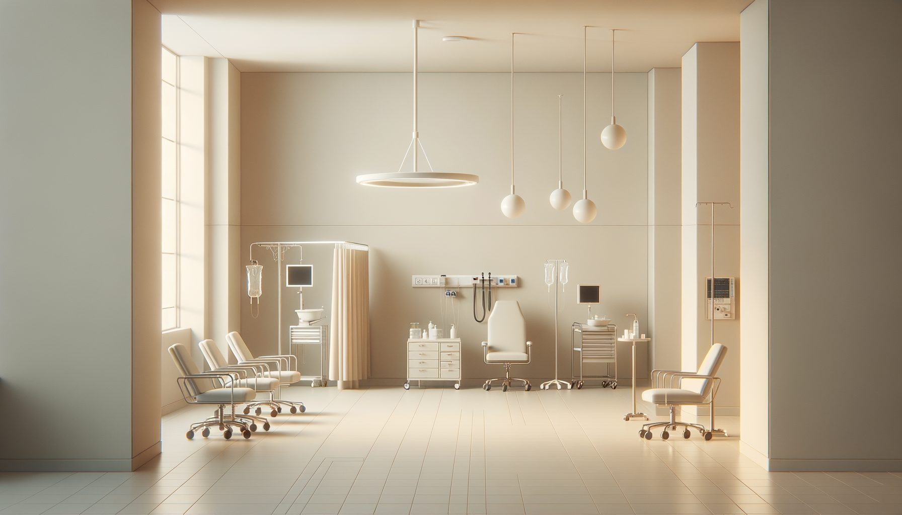 Empty hospital room with chairs, medical equipment, IV stands, and a nurse's station, well-lit with natural sunlight.