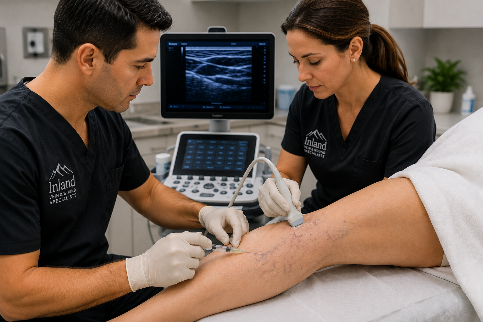 Medical professionals performing a vein procedure on a patient's leg, with ultrasound equipment visible in the background.