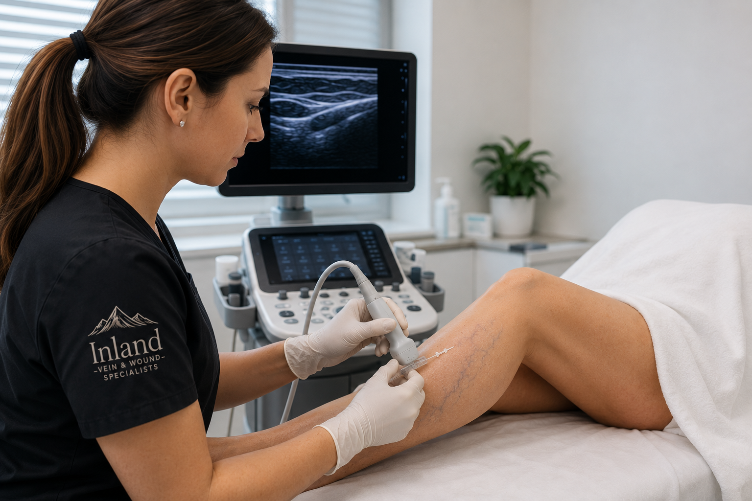 A medical professional performs a vein treatment on a patient's leg using ultrasound-guided equipment, with monitors displaying ultrasound images in the background.