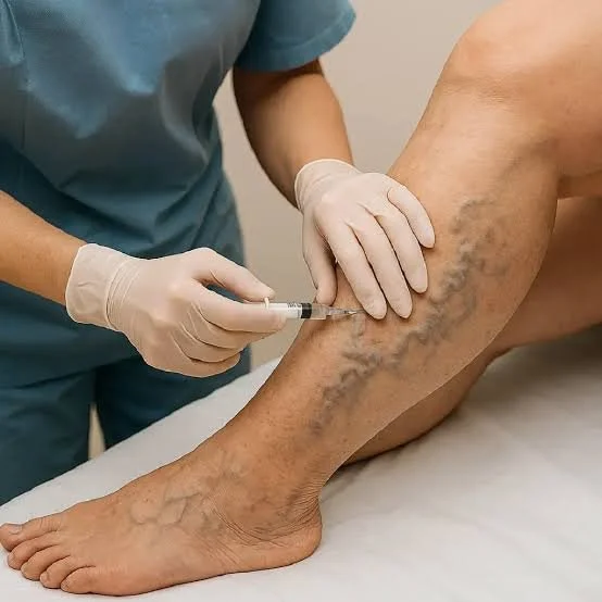 Alt text: Healthcare provider performing a sclerotherapy injection into twisted varicose veins on a patient's lower leg 