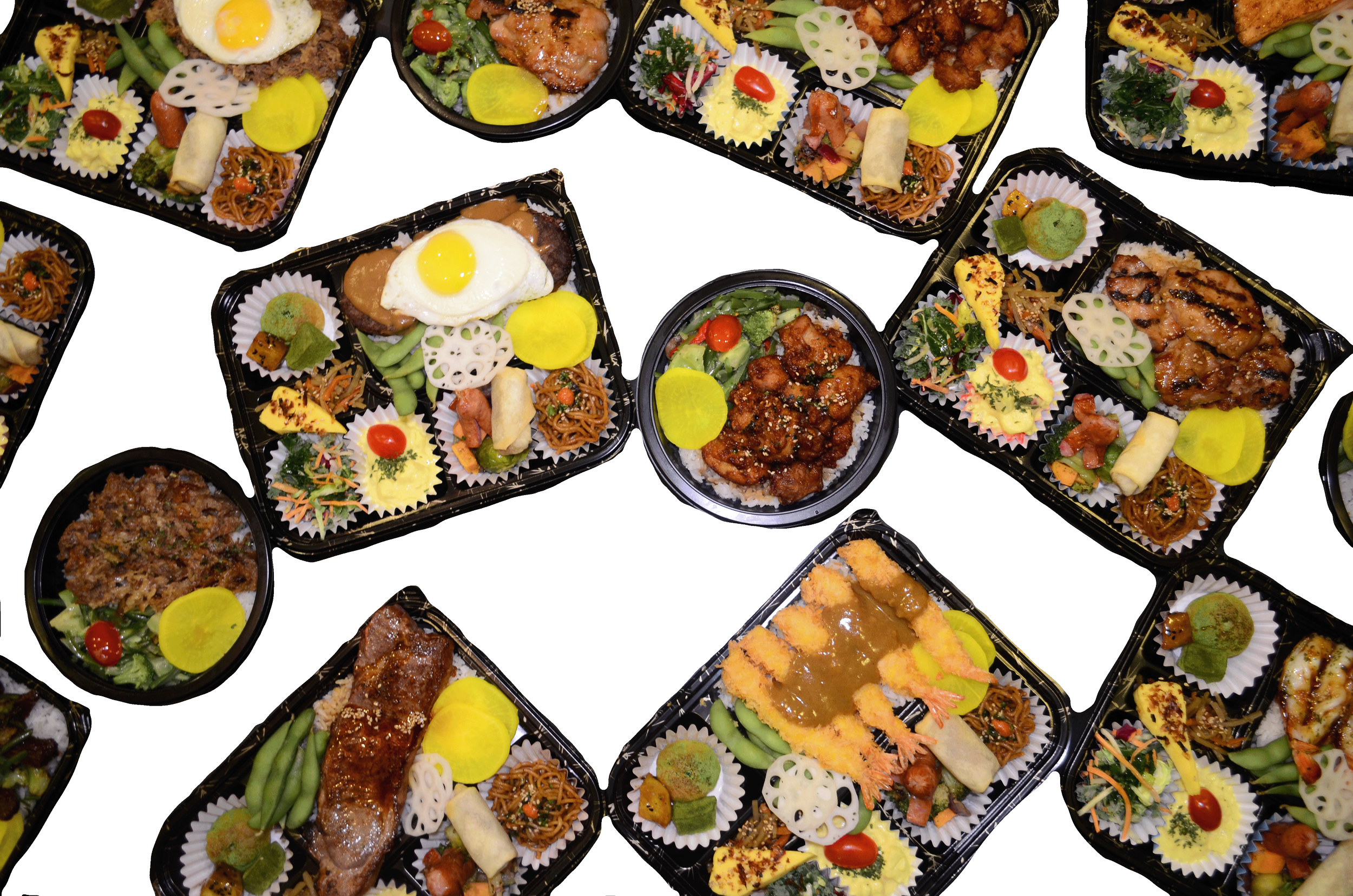 Multiple Japanese-style bento boxes and two Donburi rice bowls with grilled chicken, chicken karaage, fried shrimp, steak, gyudon beef, pickled vegetables, and various side dishes.