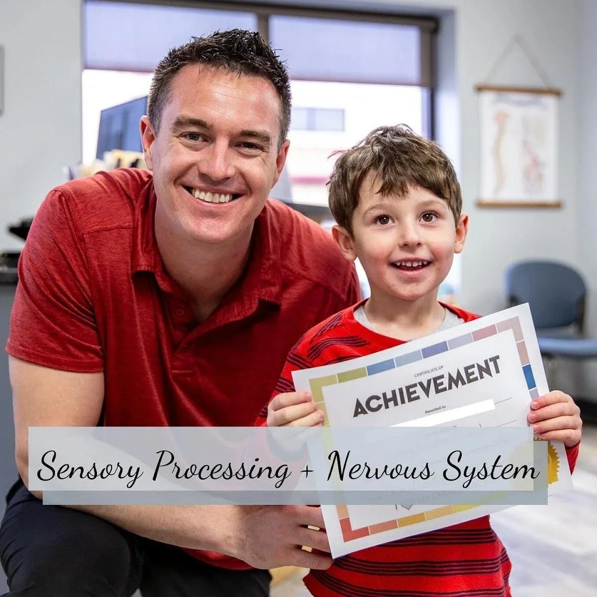 Boy holding achievement award showing sensory processing chiropractic progress