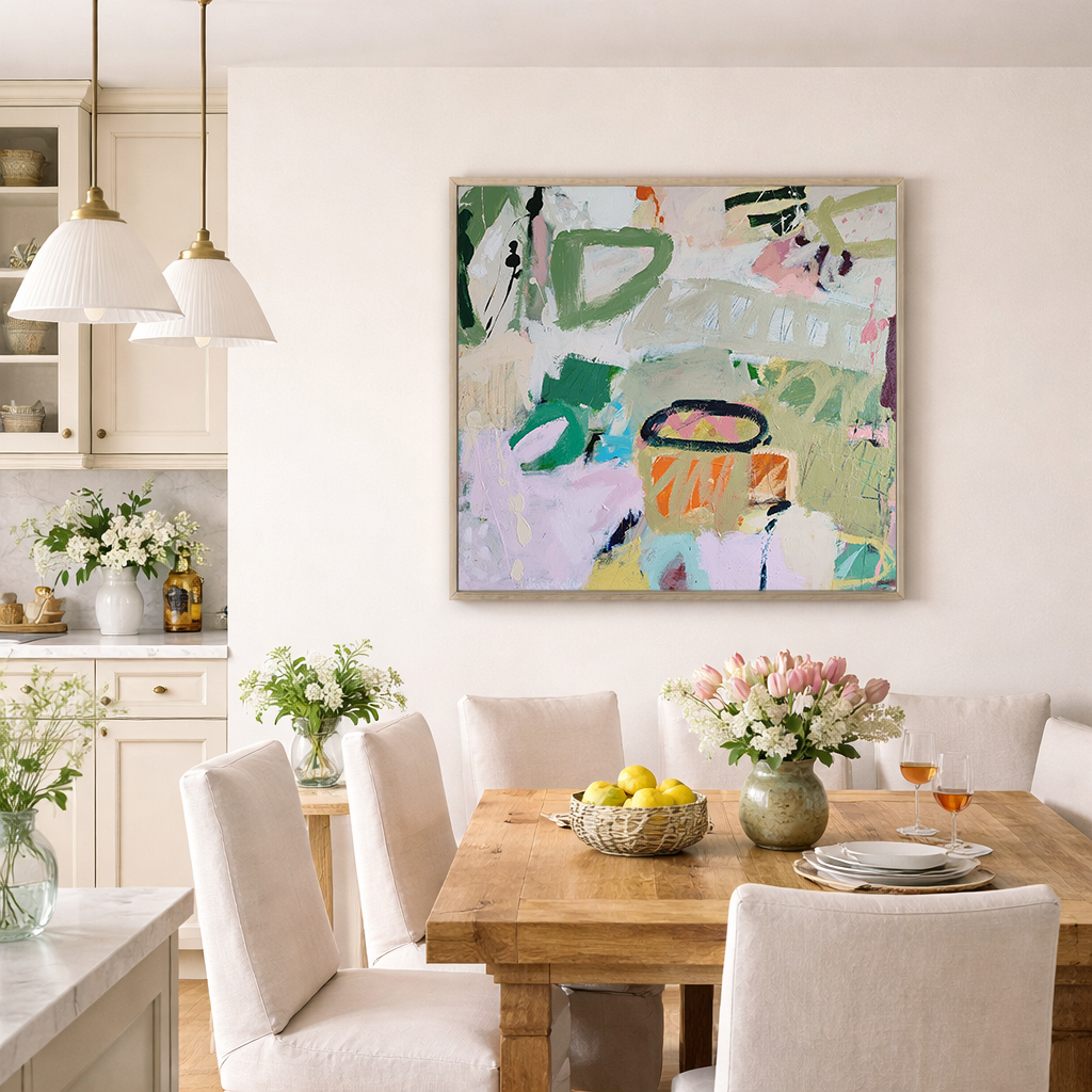 A dining room with a wooden table, white upholstered chairs, pink tulip arrangement, fruit bowl, and two glasses of rosé wine, with abstract art on the wall and built-in white cabinetry.