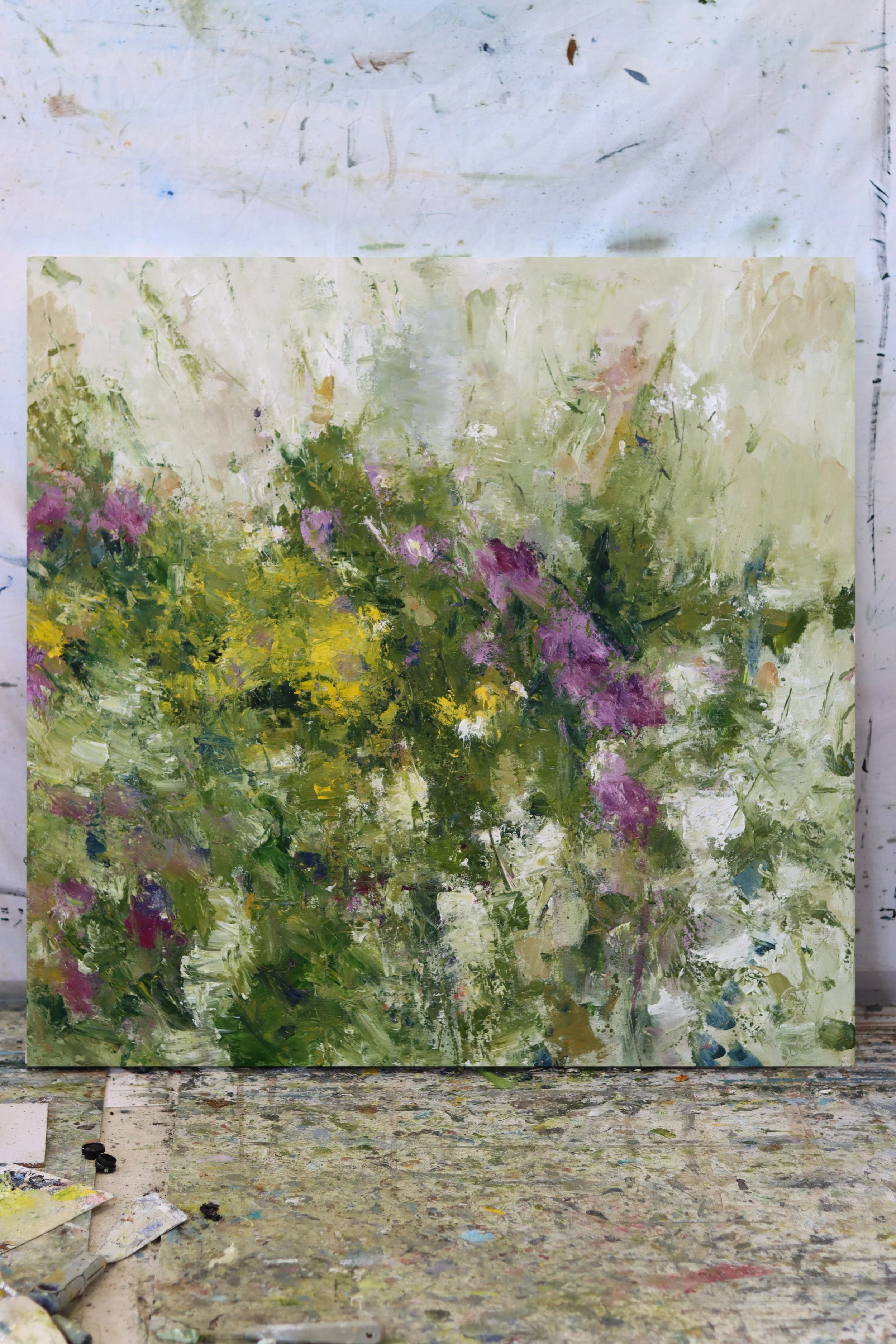 Summer hedgerow (Campanula and Yarrow) 80 x 80cm in studio.jpg
