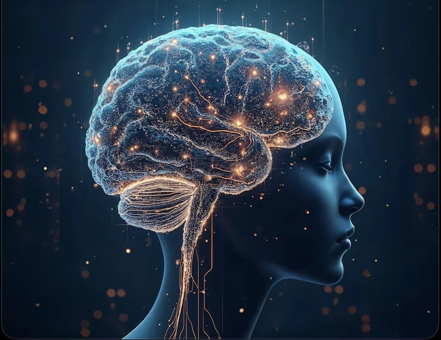 Digital illustration of a human head in profile with a glowing brain depicted as a network of neurons and electrical signals, against a dark background.