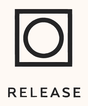 Logo with a black square border, a black circle inside, and the word 'RELEASE' below.