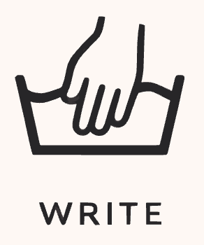 A hand washing a piece of paper in a basin, with the word 'WRITE' underneath.