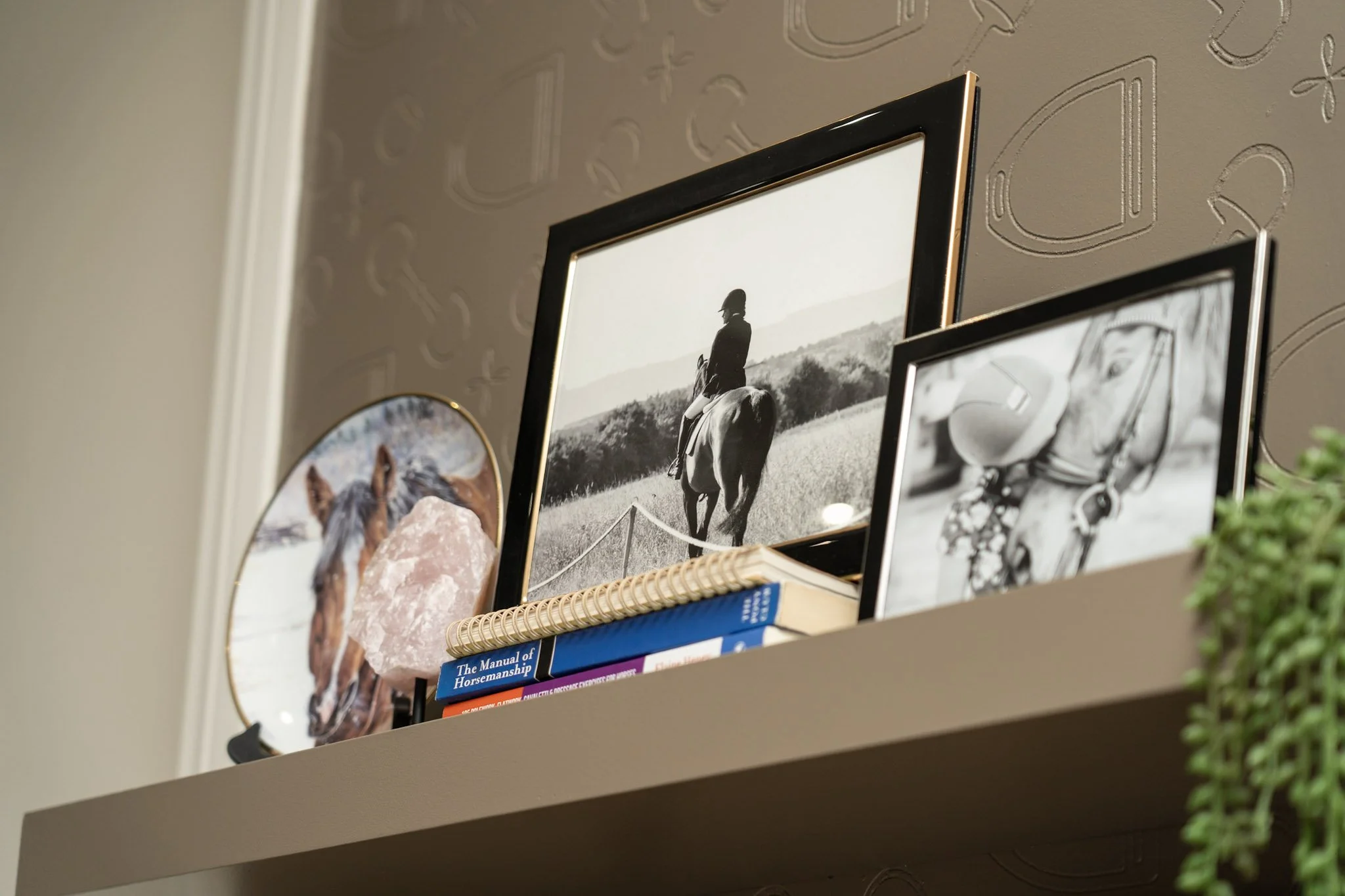 A shelf displaying framed photographs, a book titled "The Manual of Horsemanship," and some rocks, set against a wall with embossed designs.